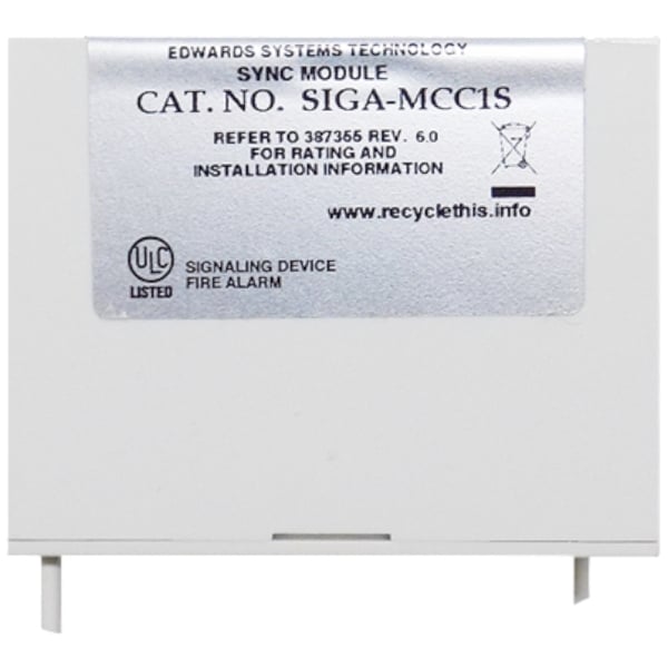 Edwards SIGA-MCC1S safety alarm module with control panel and wiring, used in industrial fire and gas detection systems.