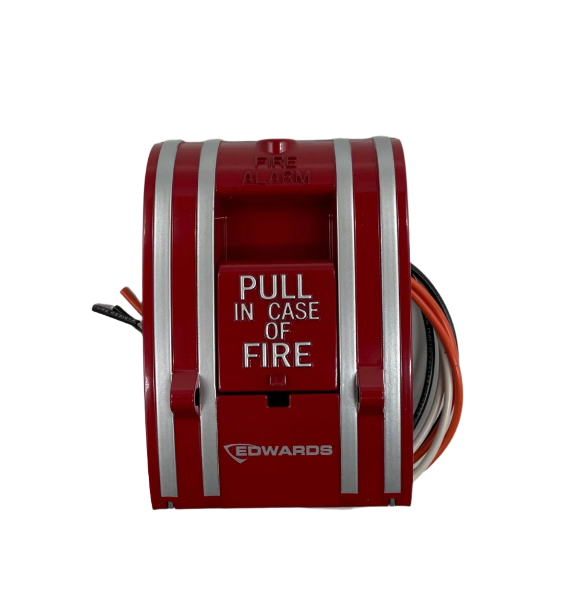 Edwards 270A-DPO pull station fire alarm switch mounted on a wall, with clear labeling and emergency activation handle.
