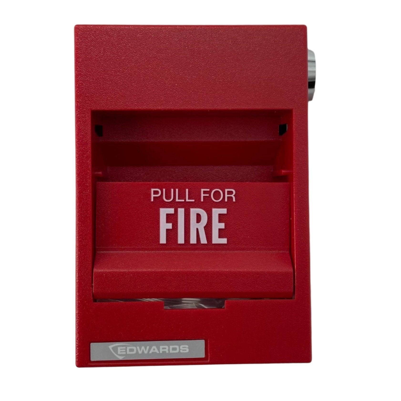 Edwards 276B-1120 pull station fire alarm switch with red cover and metal handle for emergency activation.