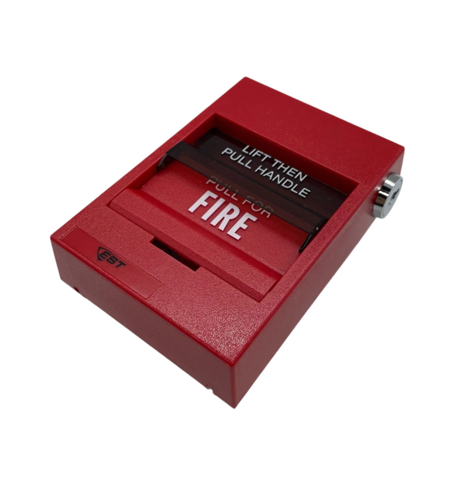 Edwards SIGA-278 pull station for fire alarm systems, mounted on wall with clear label and emergency access handle.