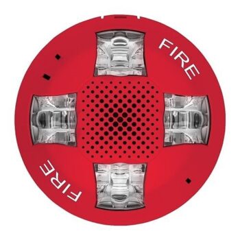 Edwards GCSVRF fire alarm sensor with ULC certification, mounted on wall, part of Edwards fire alarm system in a building.