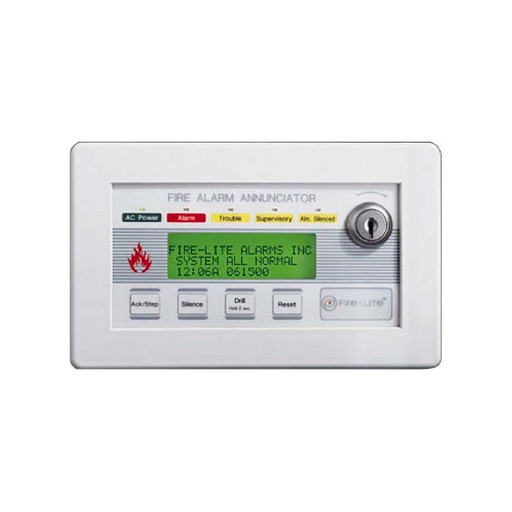 Firelite LCD-80F fire alarm control panel with digital display and keypad, mounted on a wall for building safety systems.