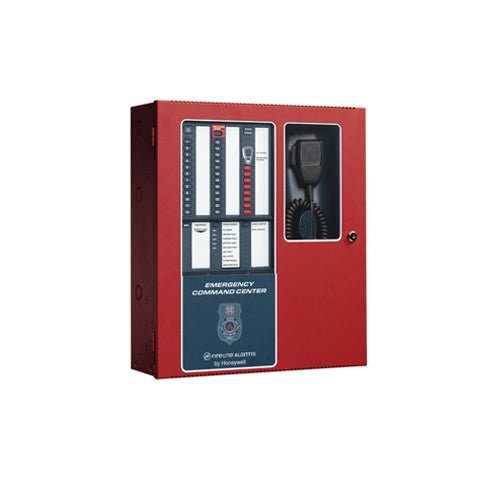 Fire-Lite ECC-50/100 fire alarm control panel with front view, mounted on a wall, showing indicator lights and control buttons.