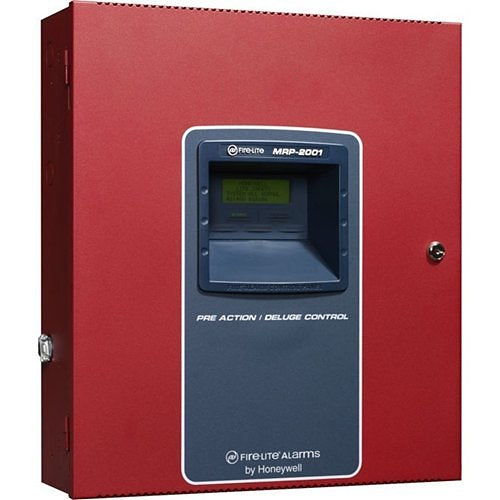 Fire-Lite Firelite MRP-2001 fire alarm control panel with display and control buttons, mounted on a wall.