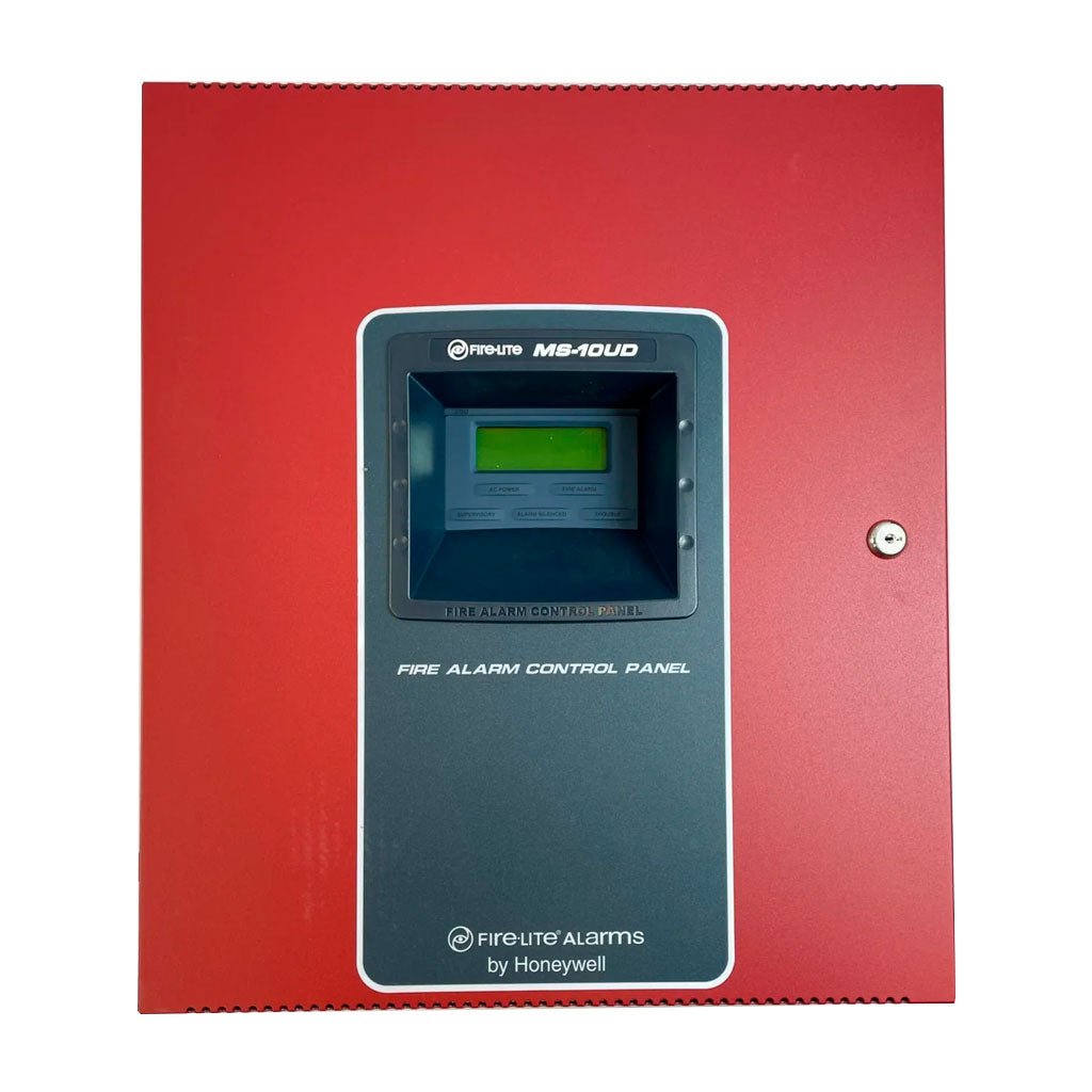 FireLite MS-10UD-7 fire alarm control module with digital display and wiring terminals for fire safety systems.