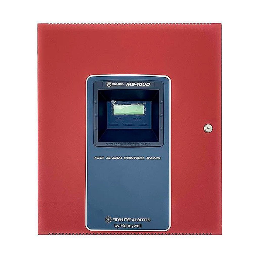 Fire-Lite MS-10UD-7E addressable fire alarm control panel with indicator lights and connection ports, installed in a fire safety system.