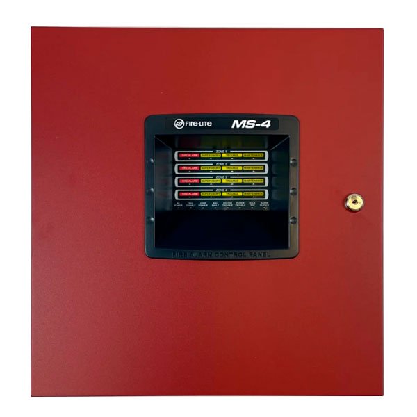 FireLite MS-4 fire alarm control panel with JEM Systems Canada branding, showing front view with indicator lights and controls.