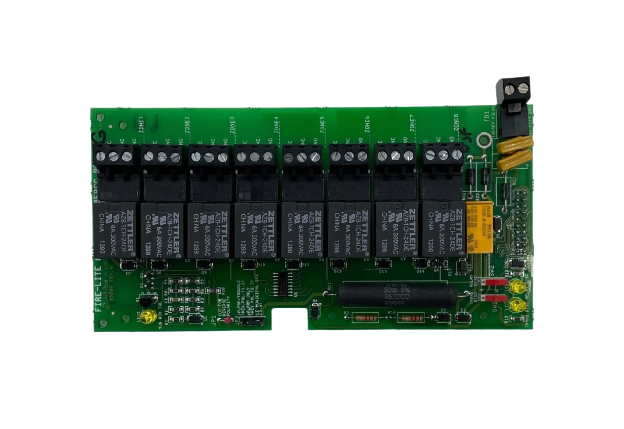 Fire-Lite Firelite RTM-8F emergency notification module mounted on panel with wiring and controls visible.