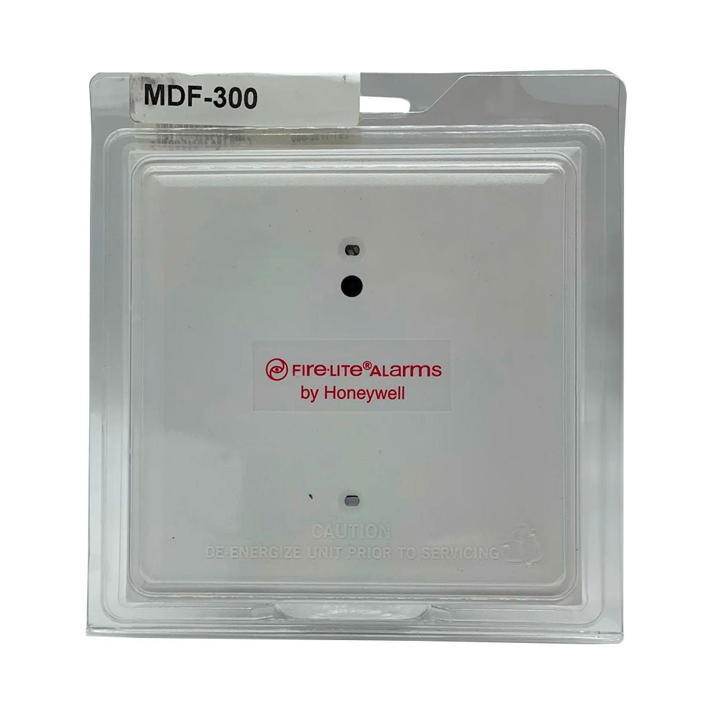 Firelite MDF-300 fire alarm control panel mounted on a wall with indicator lights and control buttons.