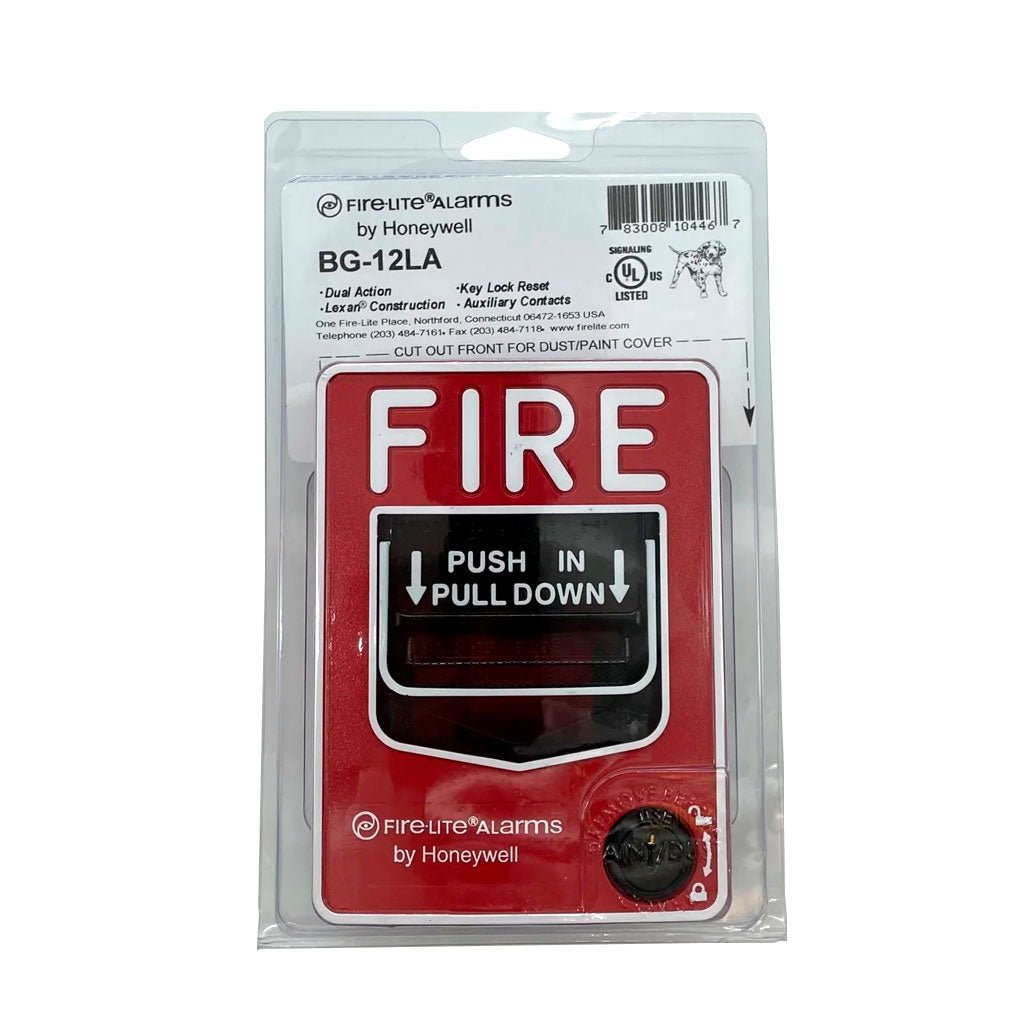 Firelite BG-12LA fire alarm control module by Fire-Lite, with visible wiring and connection ports on a white background.