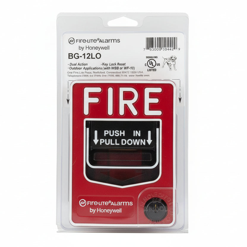 Firelite BG-12LO fire alarm control panel with LED indicators and keypad for emergency fire system management.