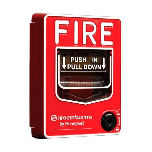 Firelite BG-12LRA fire alarm control panel with digital display and control buttons, mounted on a wall.
