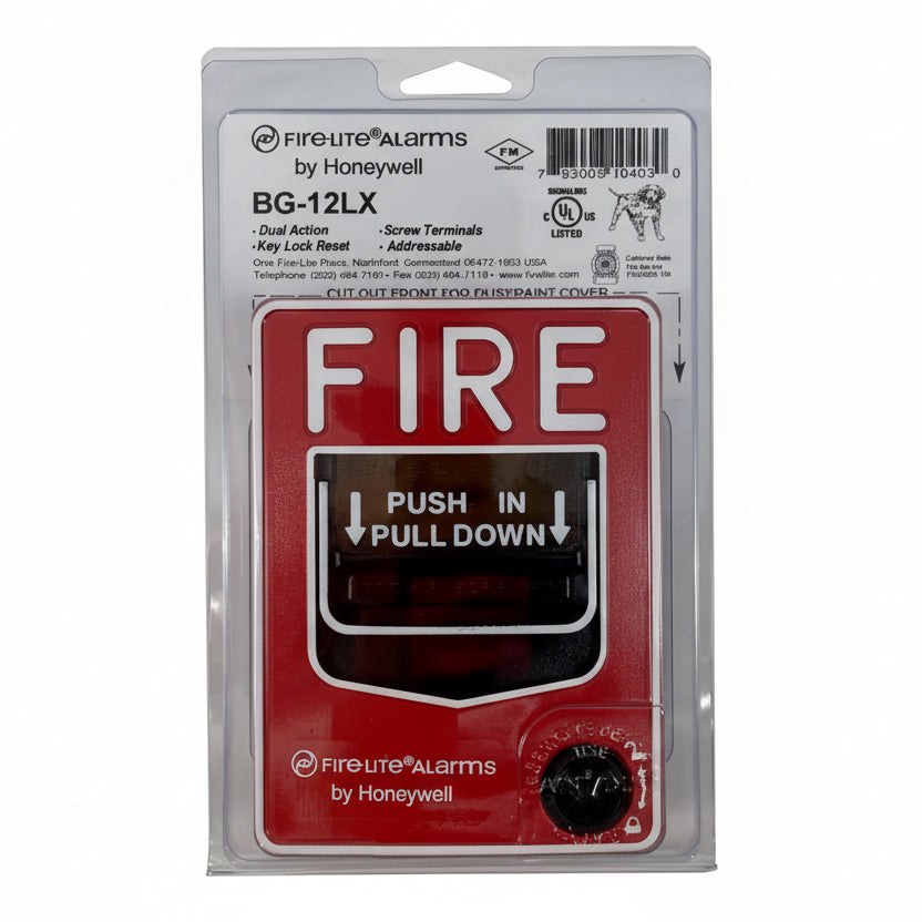 Fire-Lite BG-12LX dual action pull station mounted on wall, UL-listed fire alarm pull station for emergency response.