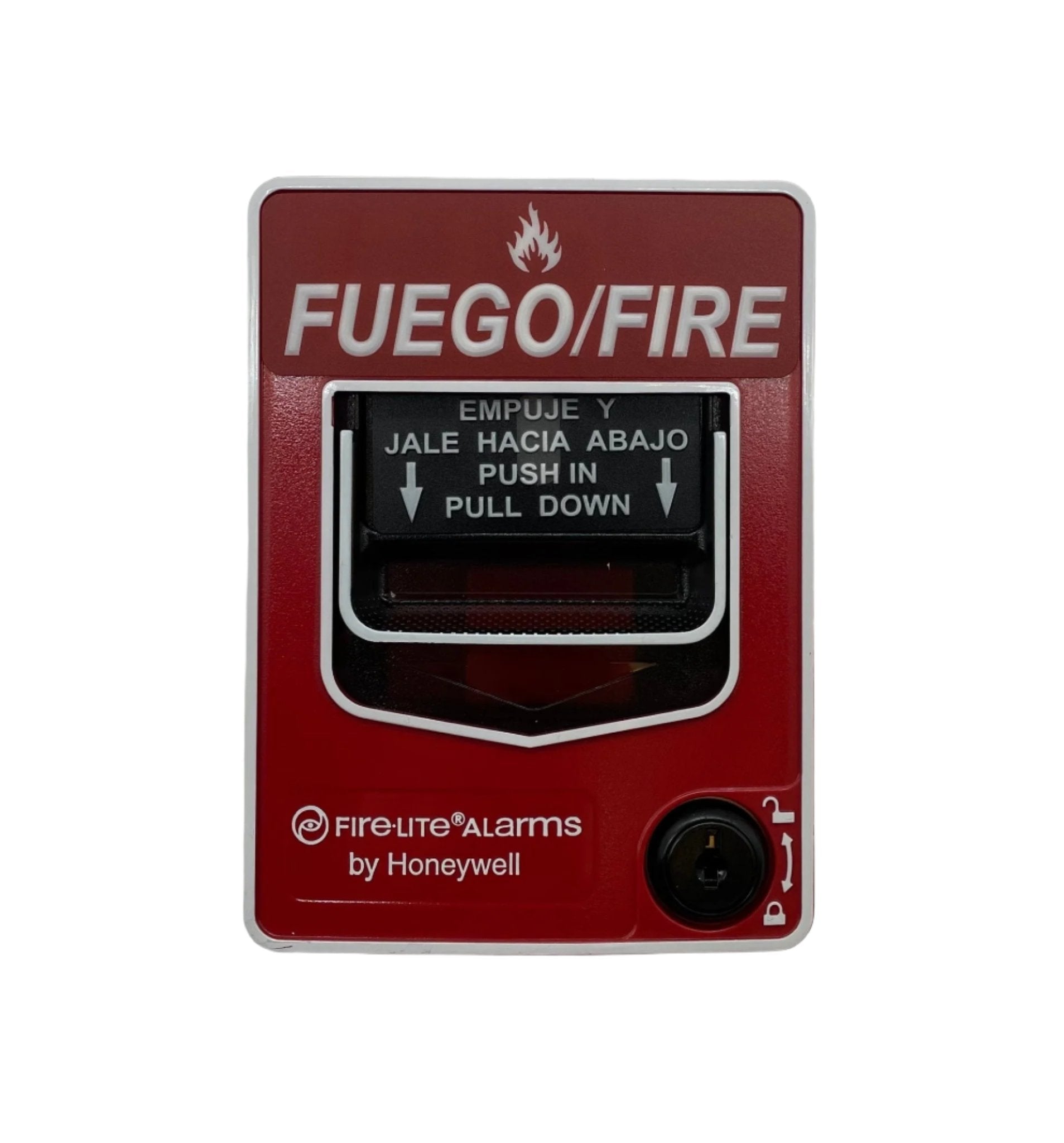 Firelite BG-12LXSP fire alarm control panel with digital display and keypad, installed in a commercial environment.