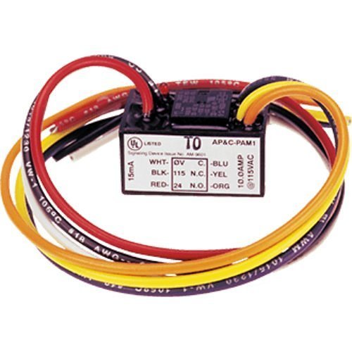 Fire-Lite PAM-1 security alarm control panel mounted on a wall with indicator lights and connection ports.