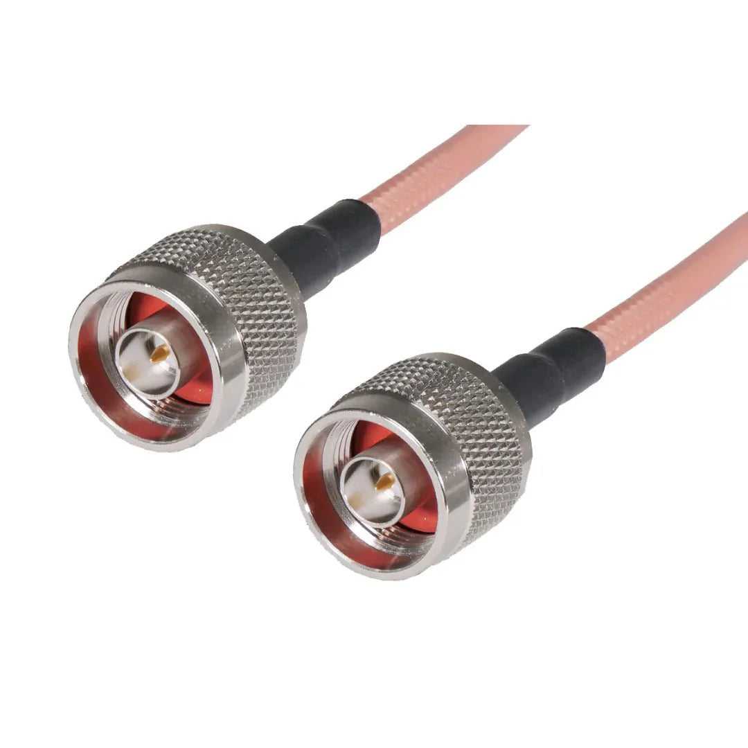 Gamma Electronics NM-RG142-NM-18 connector cable assembly with black and red wires on a white background.