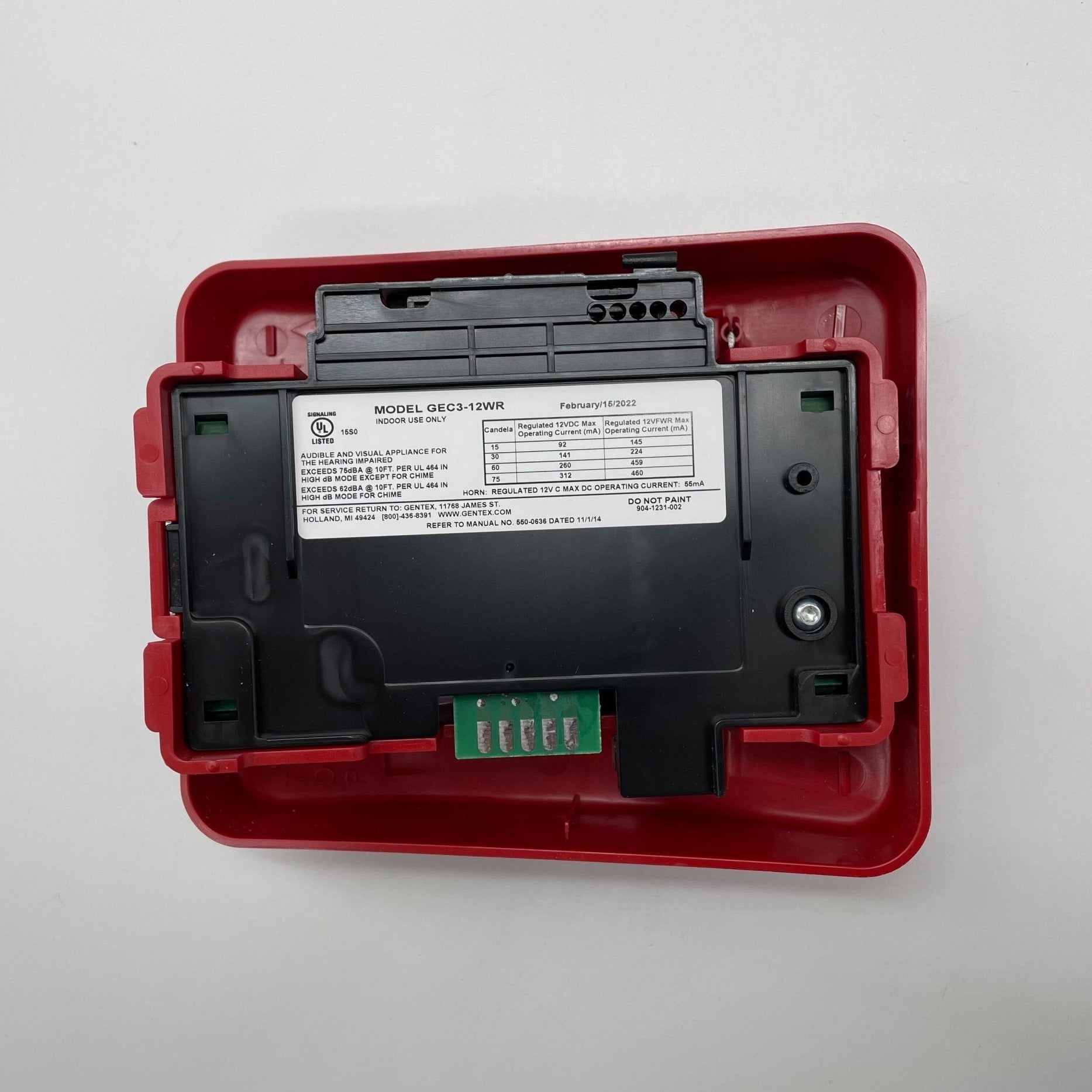 Gentex GEC3-12WR horn strobe alarm with red housing and clear lens mounted on wall, visible in the image.