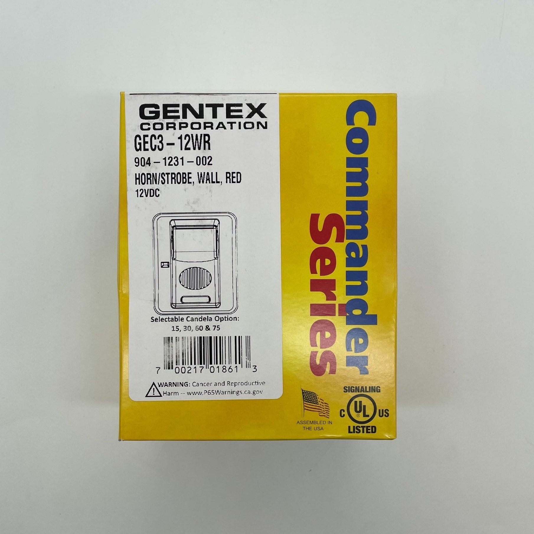 Gentex GEC3-12WR horn strobe, red alarm device with flashing light and sound, mounted on a wall for fire safety alert.