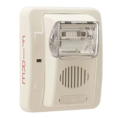 Gentex GEC3-12PWW horn strobe with white casing, used for fire alarm notification and emergency signaling in safety systems