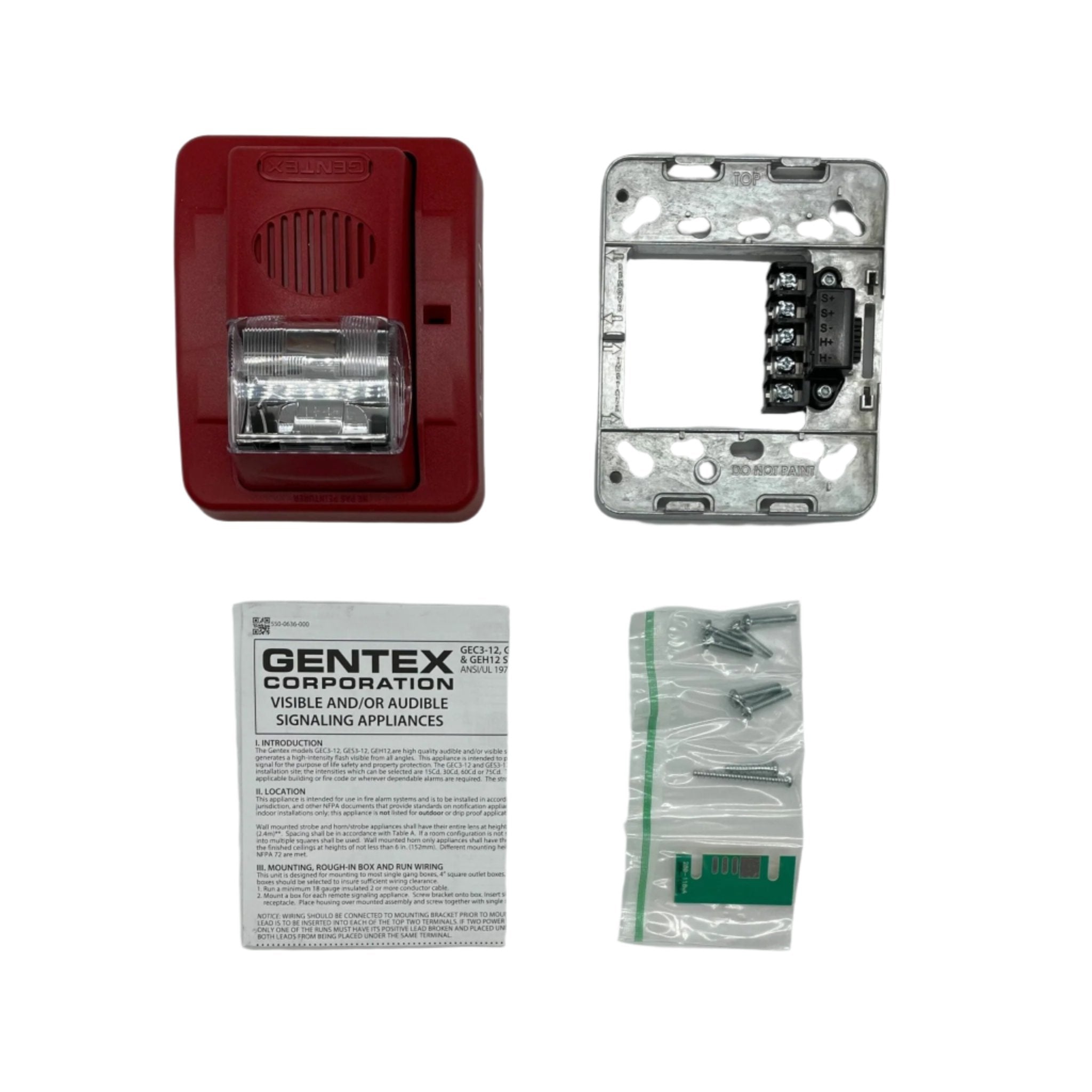 Gentex GEC3-12WR horn strobe alarm with red housing and clear lens, mounted on wall for fire safety signaling.