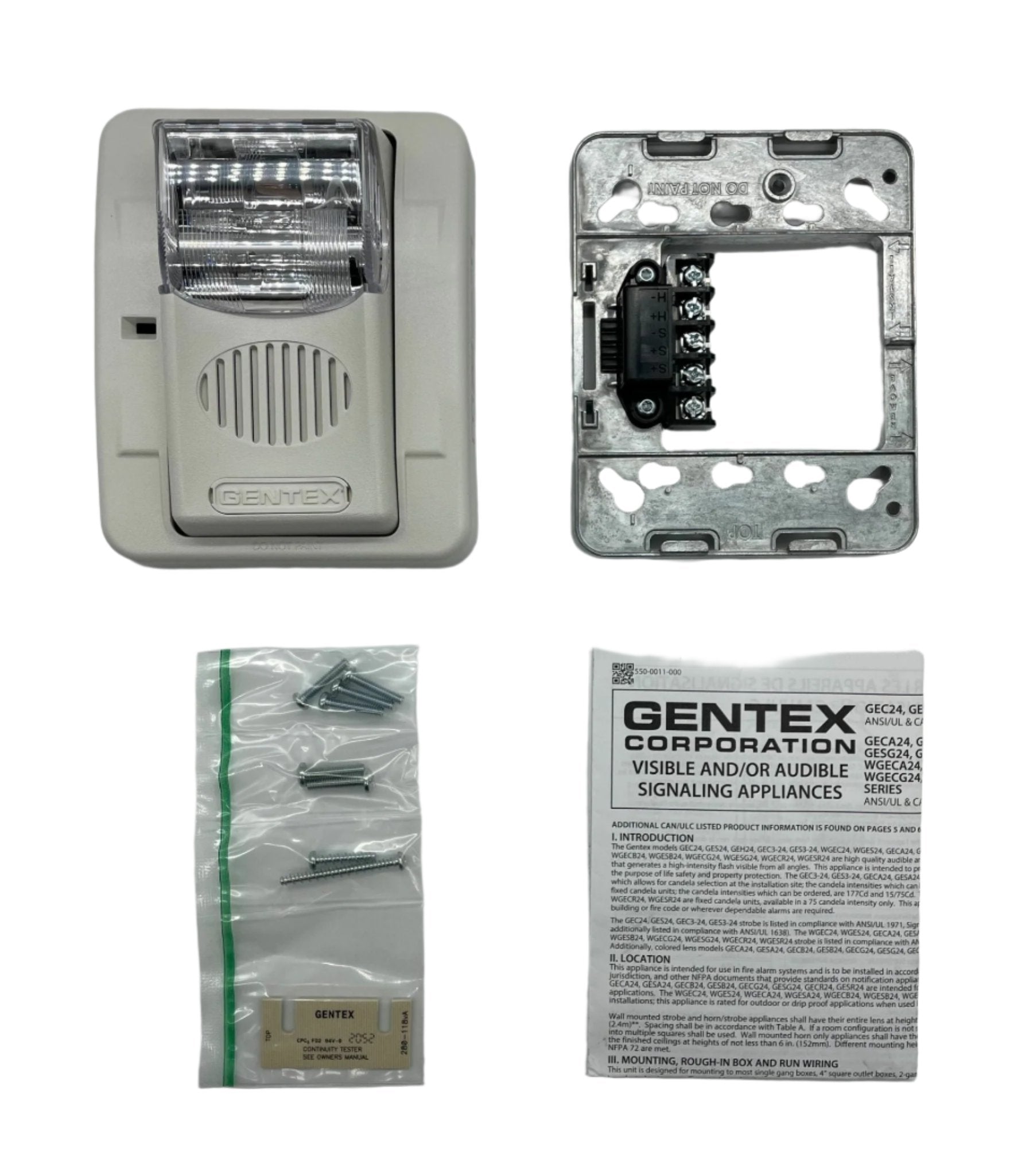 Gentex GEC3-24WW horn strobe fire alarm device with white housing and mounting bracket for safety signaling.