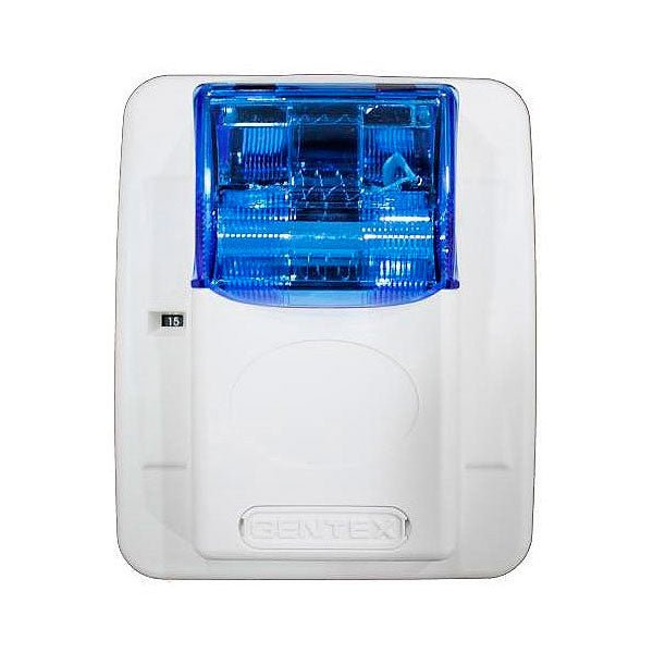 Gentex GECB24PWW horn strobe alarm with white housing and clear lens, designed for fire and security alert systems.