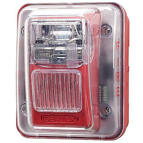 Gentex WGEC24-75WRLP fire alarm with red LED indicator and mounting bracket, designed for commercial fire detection systems