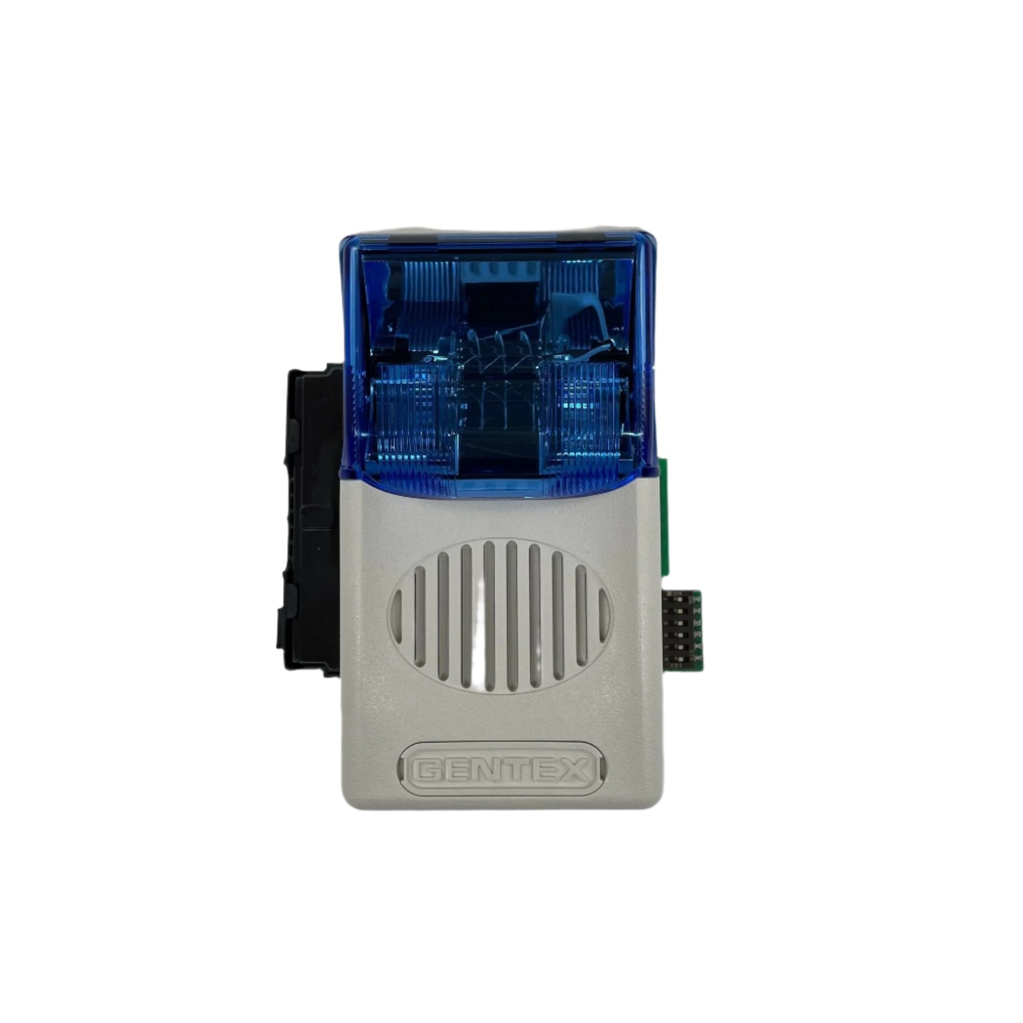Gentex WGECB24-75PWW horn strobe alarm with white housing and clear lens, mounted on a wall for fire safety alert system