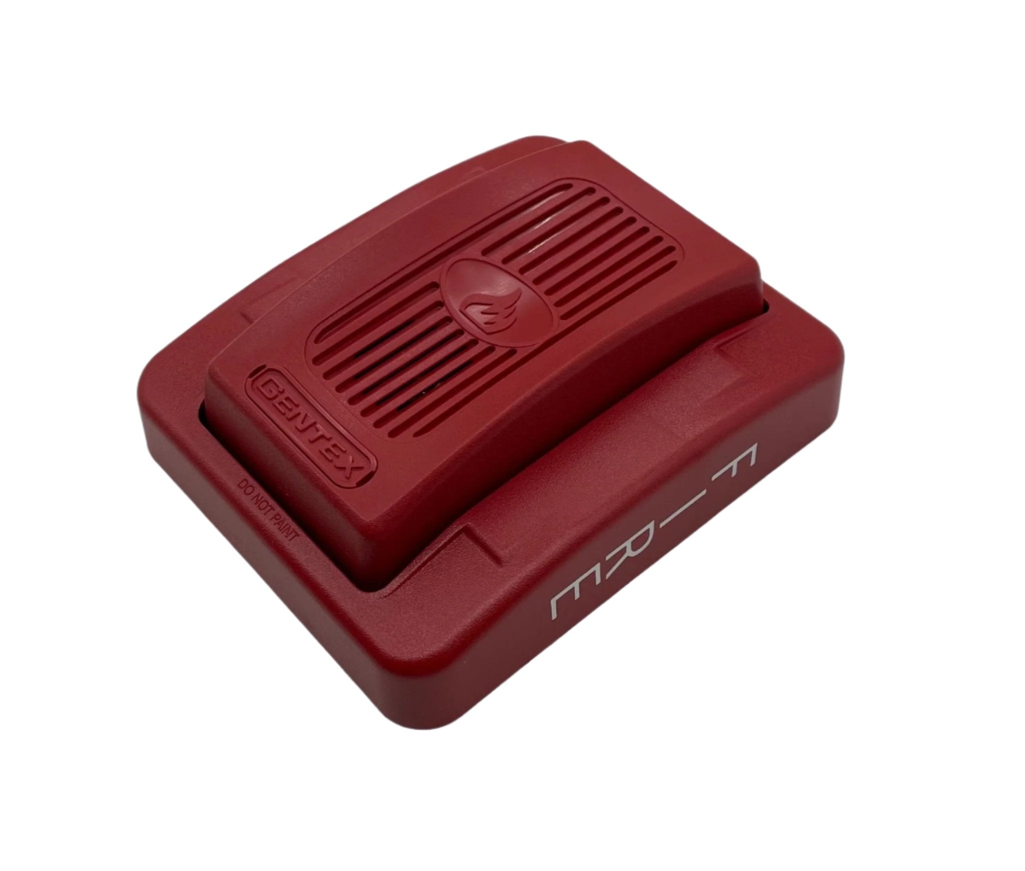 Gentex GEH24-R horn with red cover and mounting bracket, designed for emergency warning systems.
