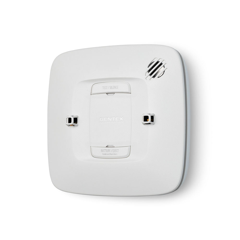 Gentex STRR multi-criteria smoke and carbon monoxide detector with 120VAC power, mounted on ceiling for home safety.