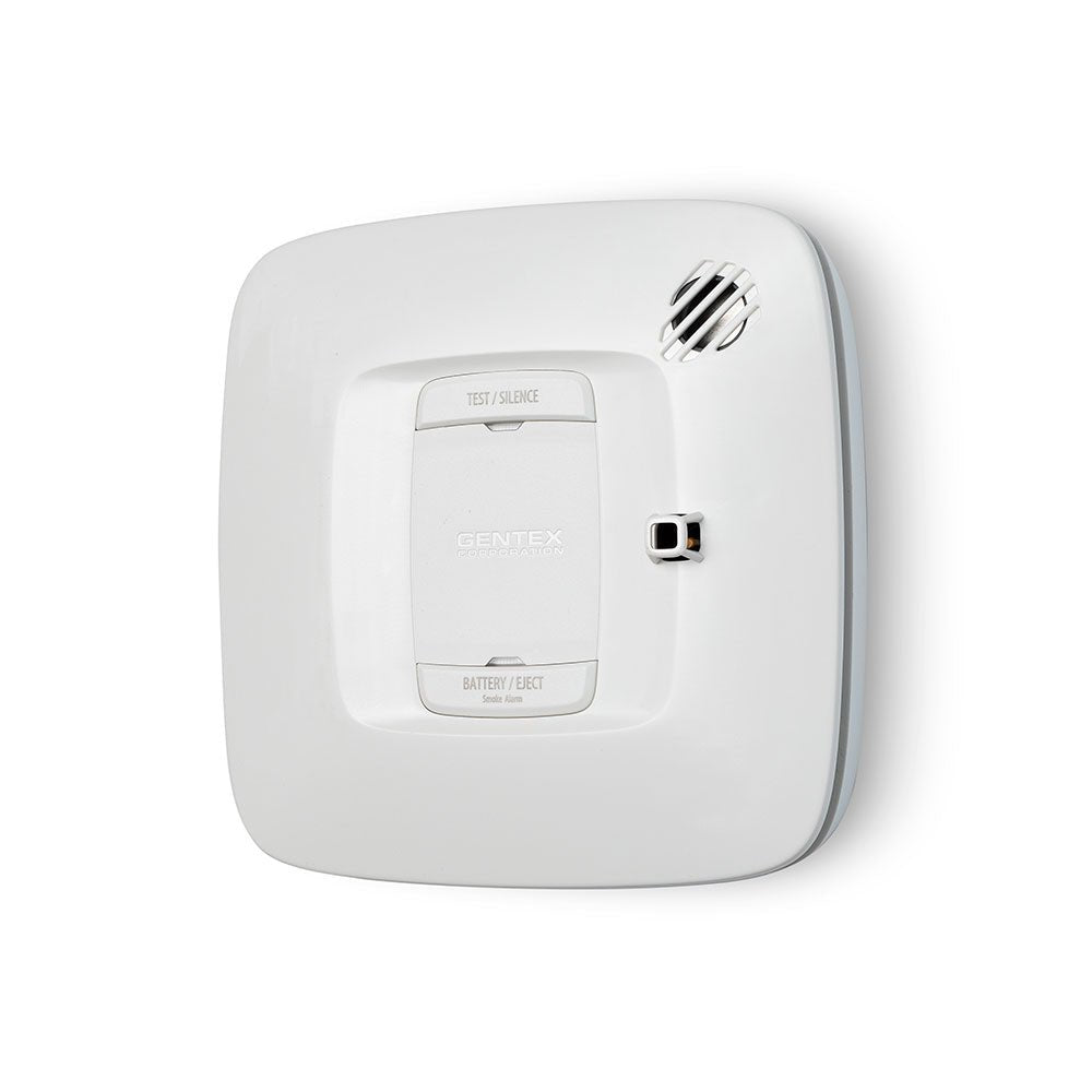 Gentex S (917-0070-002) multi-criteria smoke alarm mounted on ceiling, 120VAC smoke detector for home safety