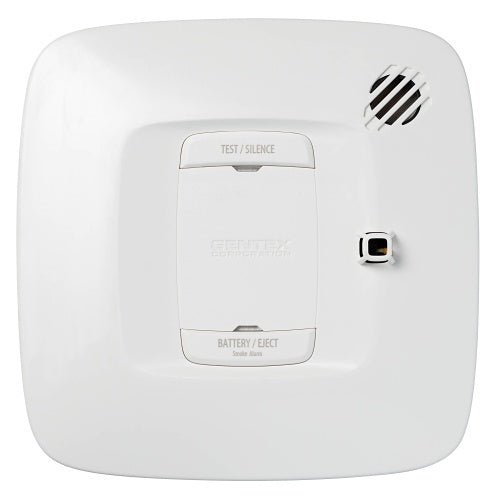 Gentex S220 fire alarm system sensor with white plastic casing and mounting bracket, designed for fire detection.