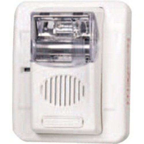 Gentex GES24-1575WW fire alarm with alarm indicator and test button, mounted on wall in a safety system setup