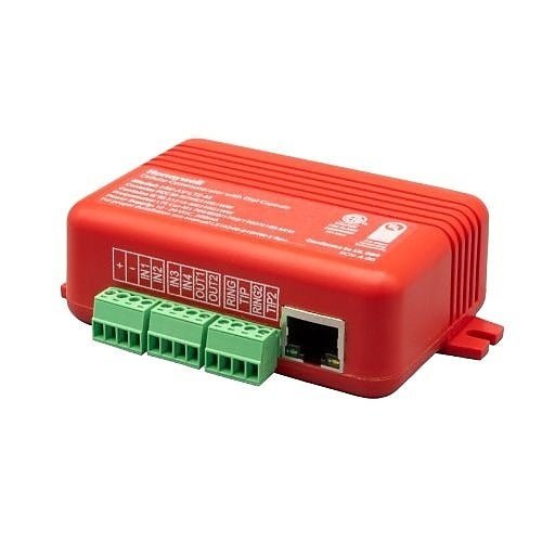 Honeywell HW-AV-LTE-M-2 alarm system module mounted on a wall with indicator lights and connection ports.