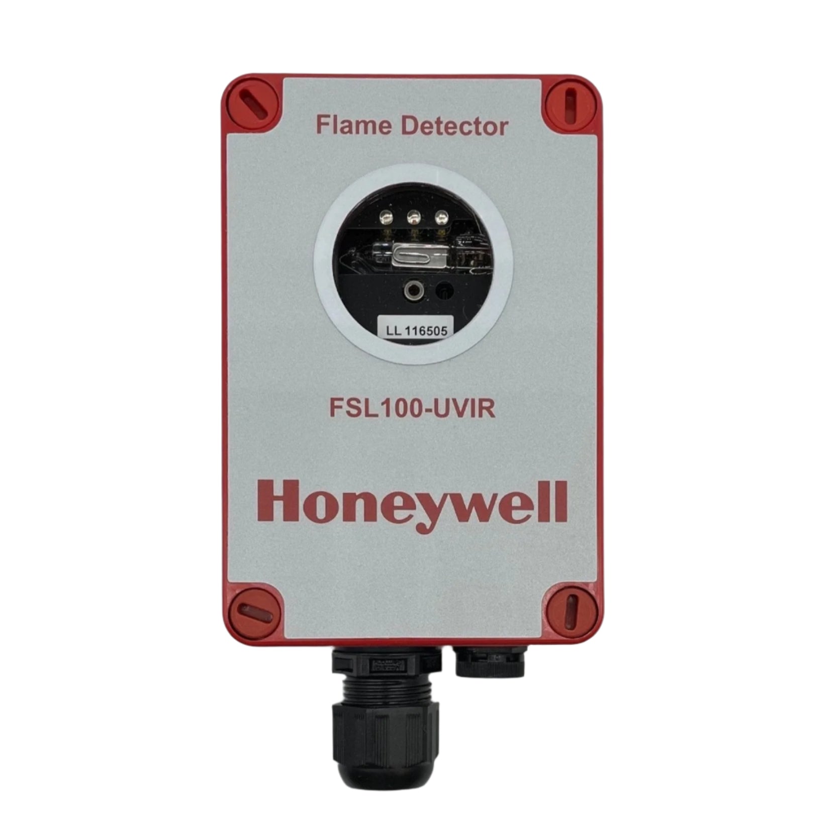 Honeywell FSL100-UVIR fire and smoke detector with UV and IR sensors, mounted on ceiling against a neutral background.