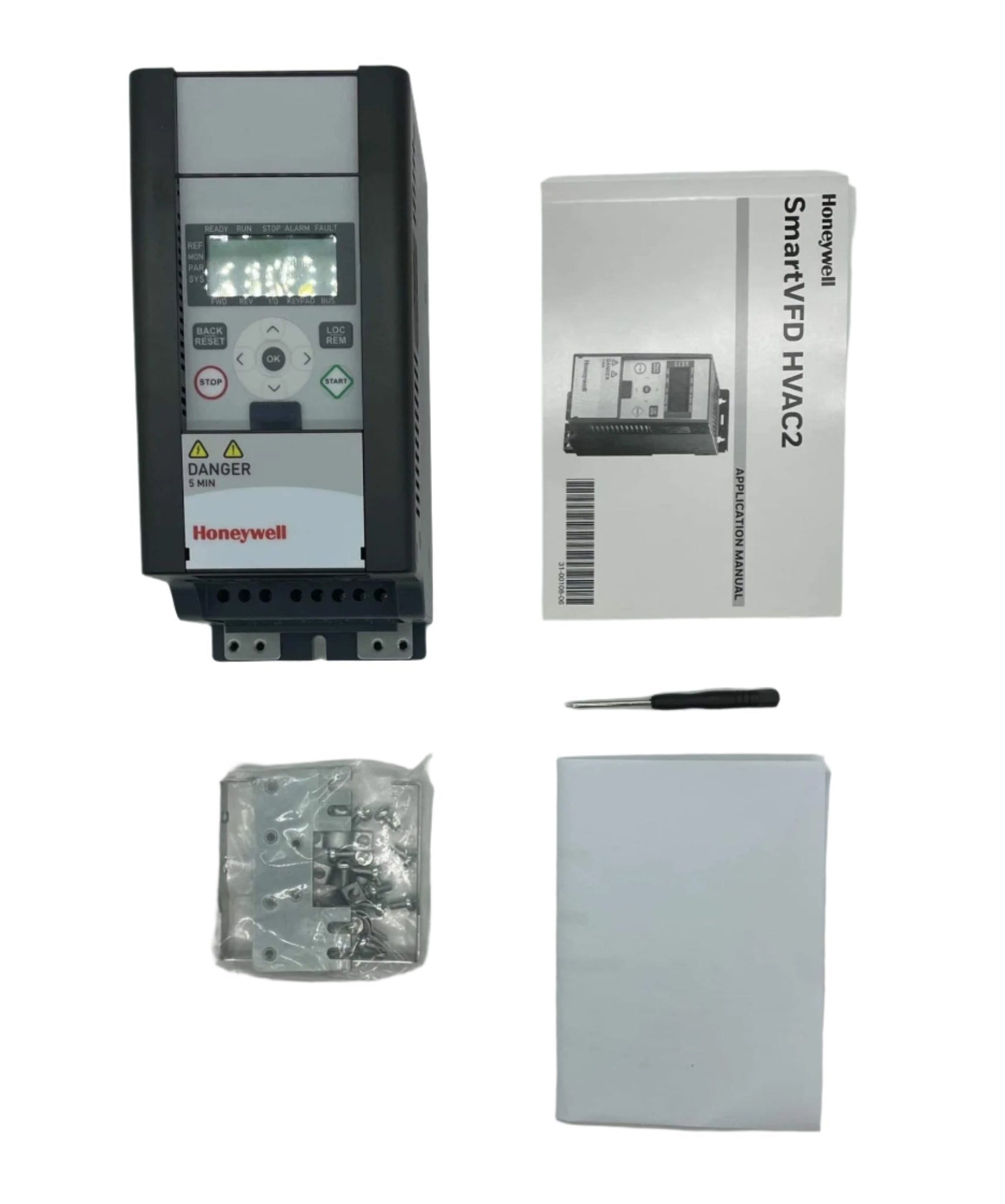 Honeywell HVFD2D3C0020E2 variable frequency drive unit with control panel and wiring for industrial HVAC systems