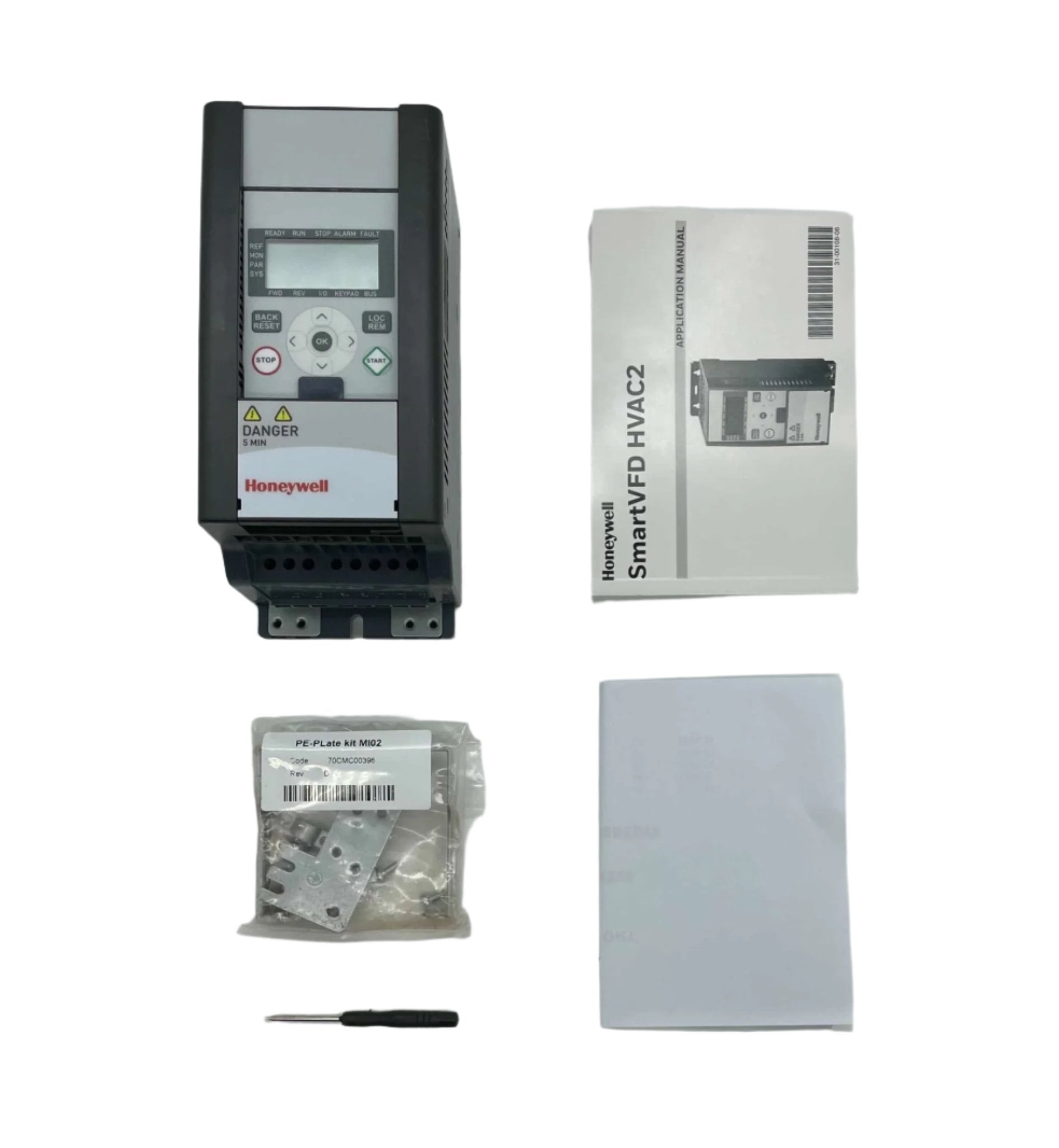 Honeywell HVFD2D3C0030E2 industrial variable frequency drive with control panel and wiring for HVAC and motor applications
