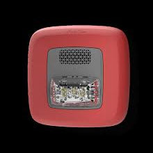 Gentex GHSPR fire alarm system sensor with integrated alarm and control panel, mounted on wall showing digital display and wiring.