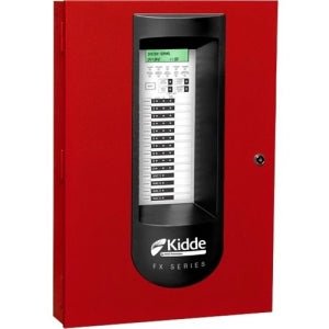 Kidde FX-10RD smoke detector mounted on ceiling, black and white model with test button and alarm indicator light.