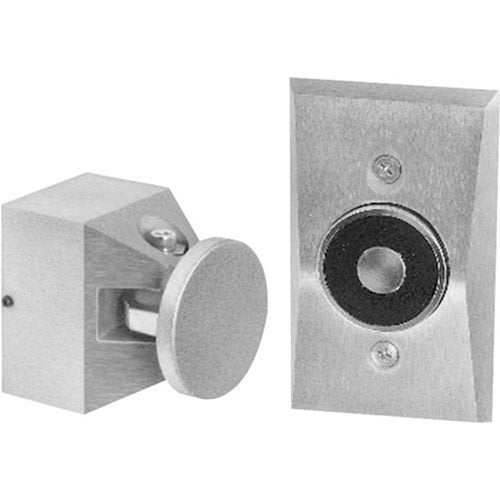 Edwards 1504-AQN5 door holder mounted on door frame, made of metal with a silver finish, designed to hold doors open securely.