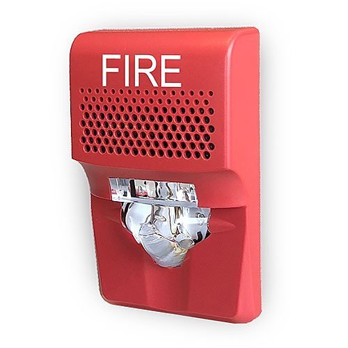 Edwards EG1AVRF horn strobe alarm device with red housing and mounting bracket, designed for fire and security signaling.