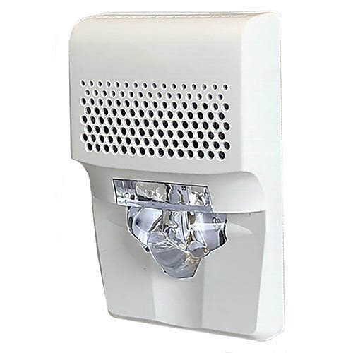 Edwards EG1AVWN horn strobe alarm with white housing and visible wiring, designed for fire safety and emergency notification systems.