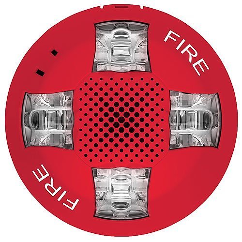 Edwards EGCAVRF horn strobe alarm device with red warning light and mounting bracket, designed for fire safety systems.