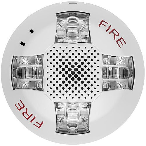 Edwards EGCAVWF horn strobe alarm device mounted on wall, featuring a bright strobe light and horn for emergency alerts.