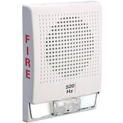 Edwards G4LFWF-HVM horn strobe alarm with yellow housing and mounting bracket, designed for fire safety and emergency alerts.