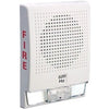 Edwards G4LFWF-HVM horn strobe alarm with yellow housing and mounting bracket, designed for fire safety and emergency alerts.