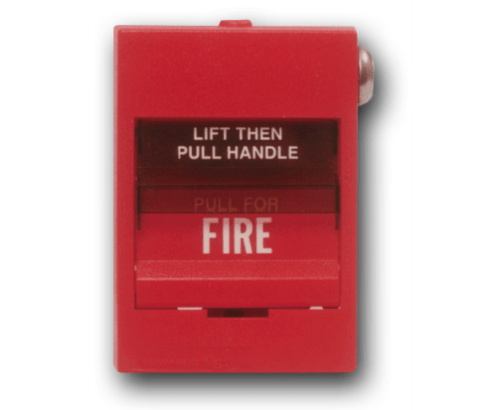 Kidde K-278B-1110 pull station fire alarm switch mounted on wall with safety labels and wiring visible.