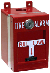Edwards MPSR1-D45W-GE pull station with red activation handle and white casing, mounted on a wall for fire alarm system.