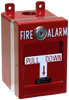 Edwards MPSR1-D45W-GE pull station with red activation handle and white casing, mounted on a wall for fire alarm system.