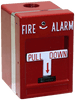 Edwards MPSR1-SHTW-GE fire alarm pull station with white cover and emergency signage, mounted on a wall.